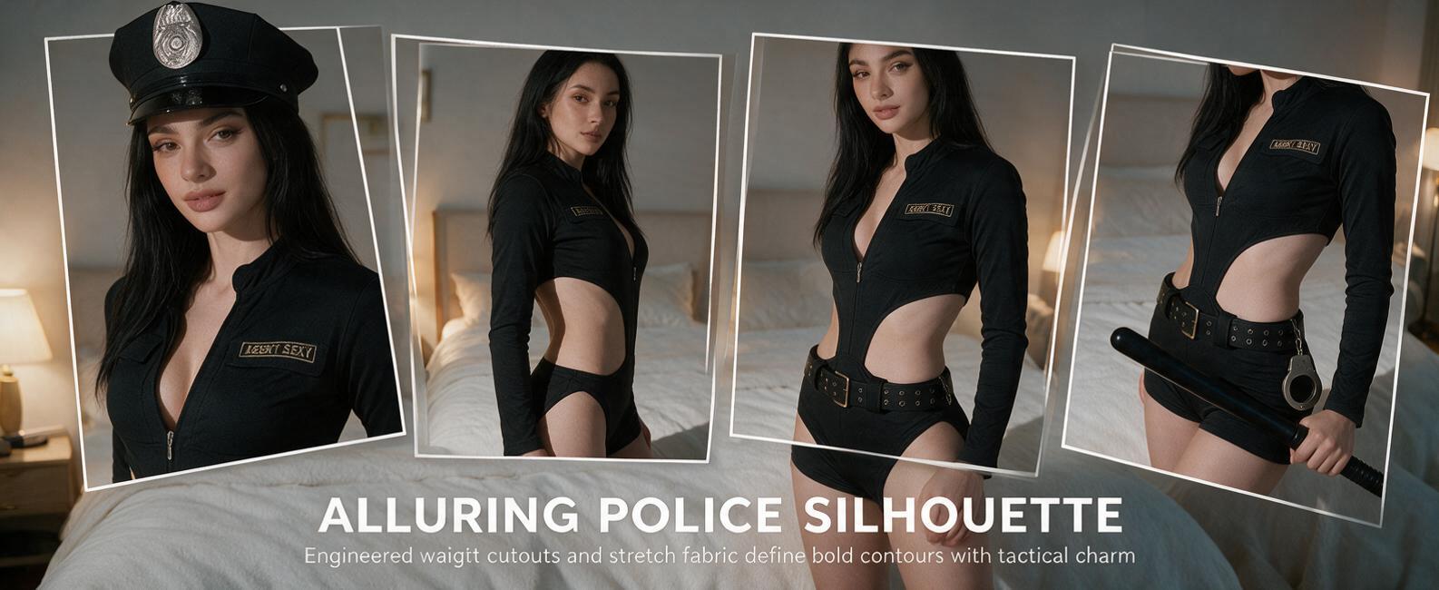 Police Style Cosplay Costume Black Cutout Jumpsuit Zip Front Role Play Outfit